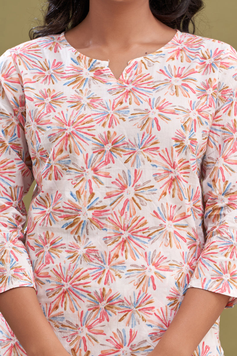 White Printed Cotton Night Suit with V-Neck Kurti & Ankle-Length Pants