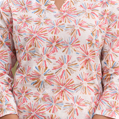 White Printed Cotton Night Suit with V-Neck Kurti & Ankle-Length Pants