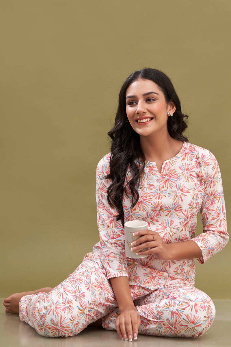 White Printed Cotton Night Suit with V-Neck Kurti & Ankle-Length Pants