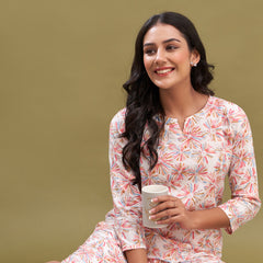 White Printed Cotton Night Suit with V-Neck Kurti & Ankle-Length Pants