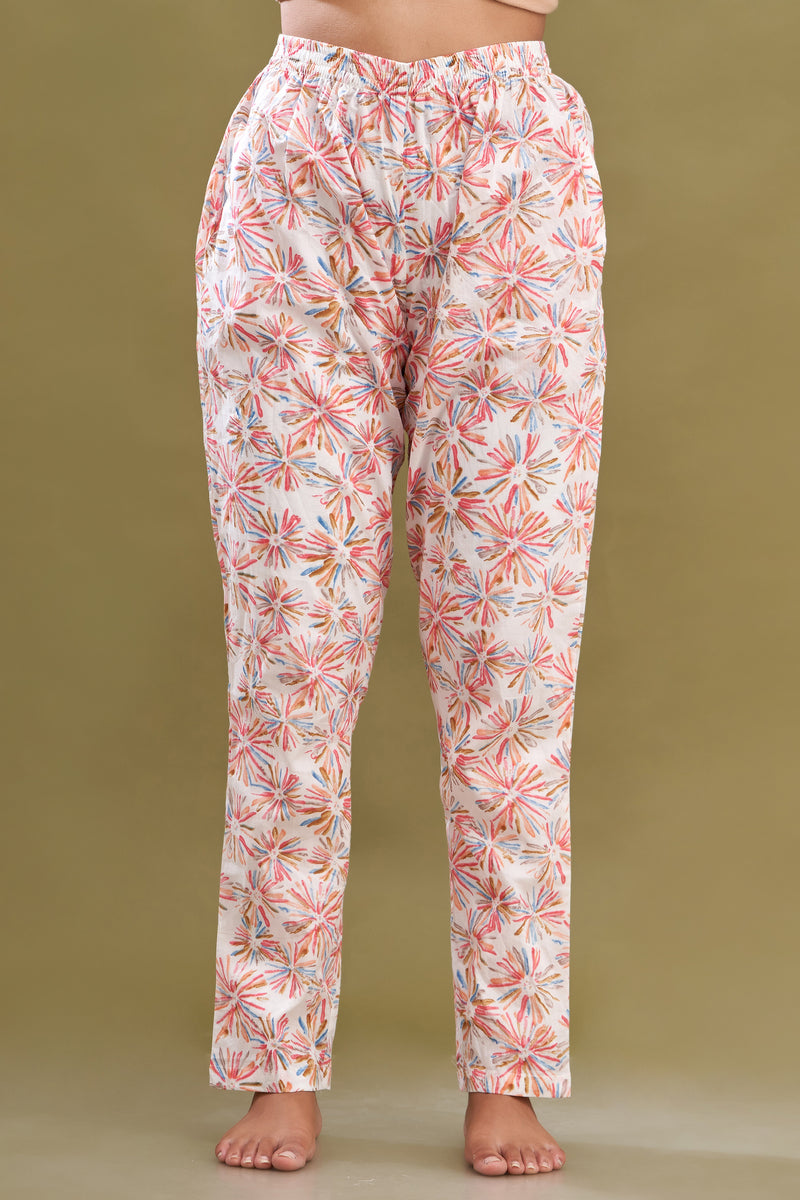 White Printed Cotton Night Suit with V-Neck Kurti & Ankle-Length Pants
