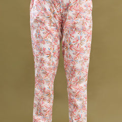 White Printed Cotton Night Suit with V-Neck Kurti & Ankle-Length Pants