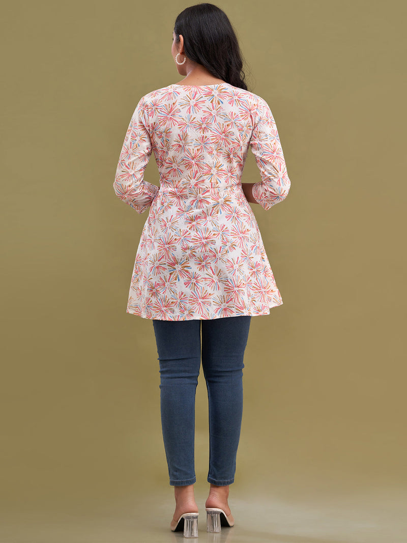 Floral Printed V-Neck Pure Cotton Angrakha A-Line Kurti
