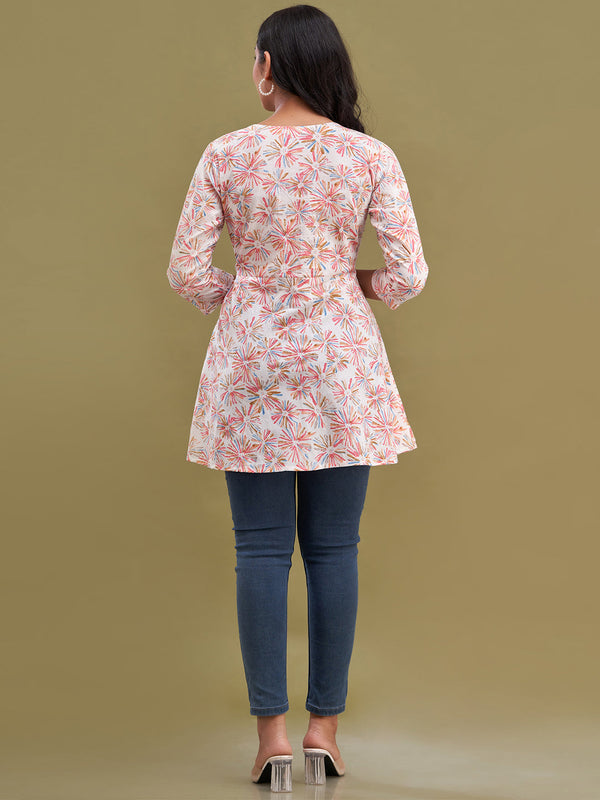Floral Printed V-Neck Pure Cotton Angrakha A-Line Kurti
