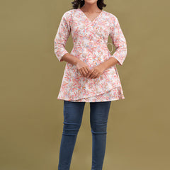 Floral Printed V-Neck Pure Cotton Angrakha A-Line Kurti