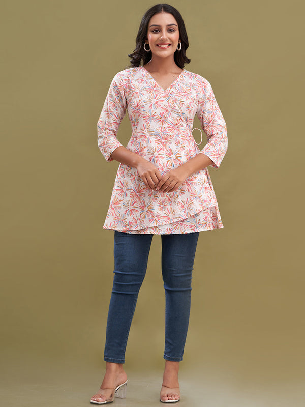 Floral Printed V-Neck Pure Cotton Angrakha A-Line Kurti