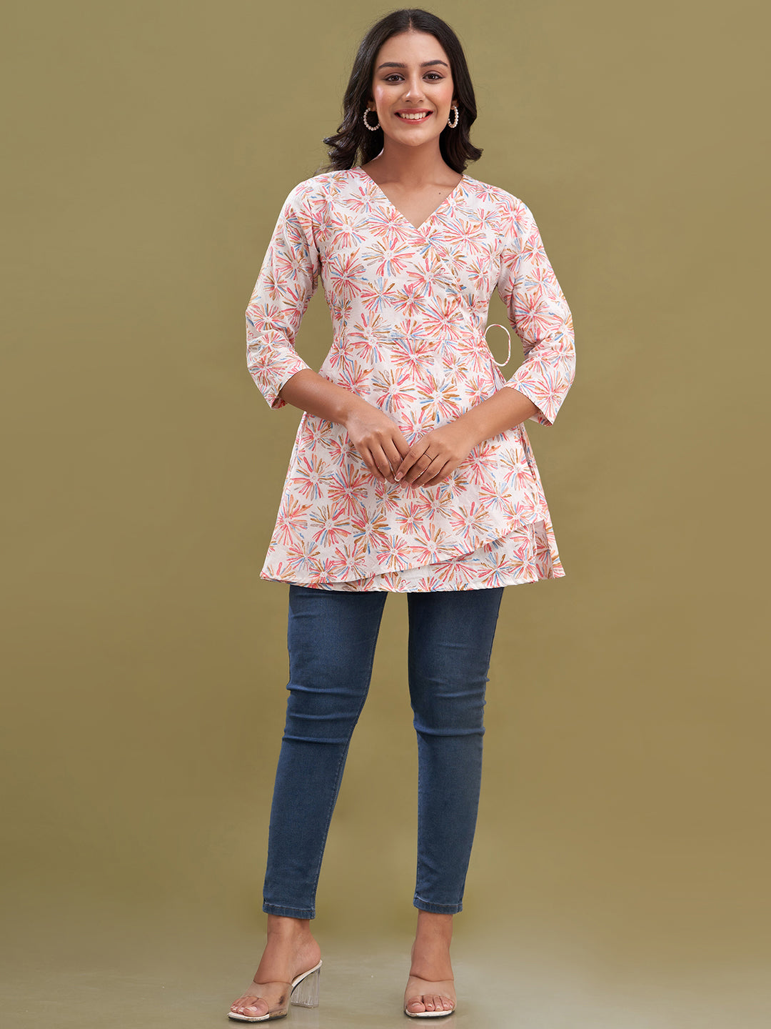 Floral Printed V-Neck Pure Cotton Angrakha A-Line Kurti FRKT6185