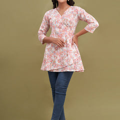Floral Printed V-Neck Pure Cotton Angrakha A-Line Kurti