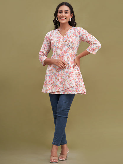 Floral Printed V-Neck Pure Cotton Angrakha A-Line Kurti FRKT6185