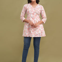 Floral Printed V-Neck Pure Cotton Angrakha A-Line Kurti