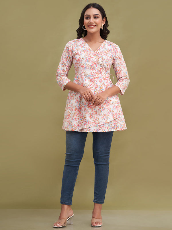 Floral Printed V-Neck Pure Cotton Angrakha A-Line Kurti