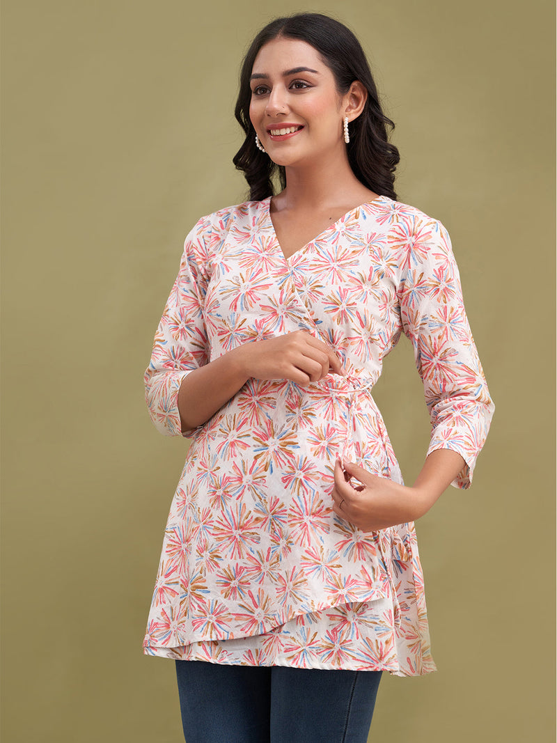 Floral Printed V-Neck Pure Cotton Angrakha A-Line Kurti