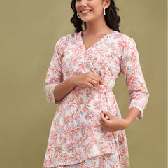 Floral Printed V-Neck Pure Cotton Angrakha A-Line Kurti