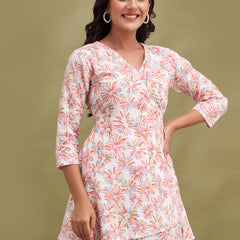 Floral Printed V-Neck Pure Cotton Angrakha A-Line Kurti