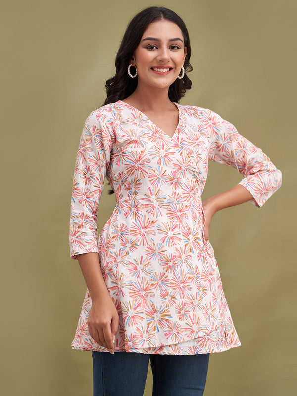 Floral Printed V-Neck Pure Cotton Angrakha A-Line Kurti