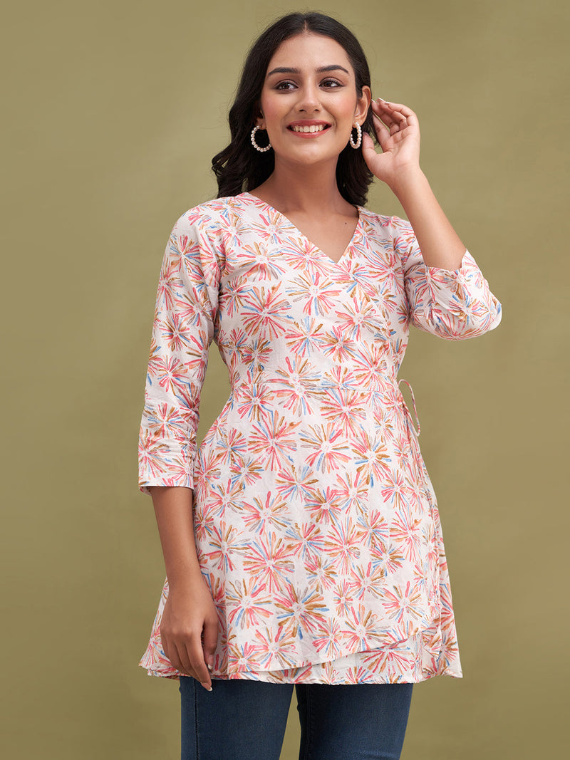 Floral Printed V-Neck Pure Cotton Angrakha A-Line Kurti