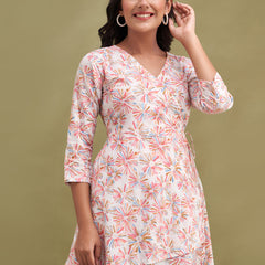 Floral Printed V-Neck Pure Cotton Angrakha A-Line Kurti