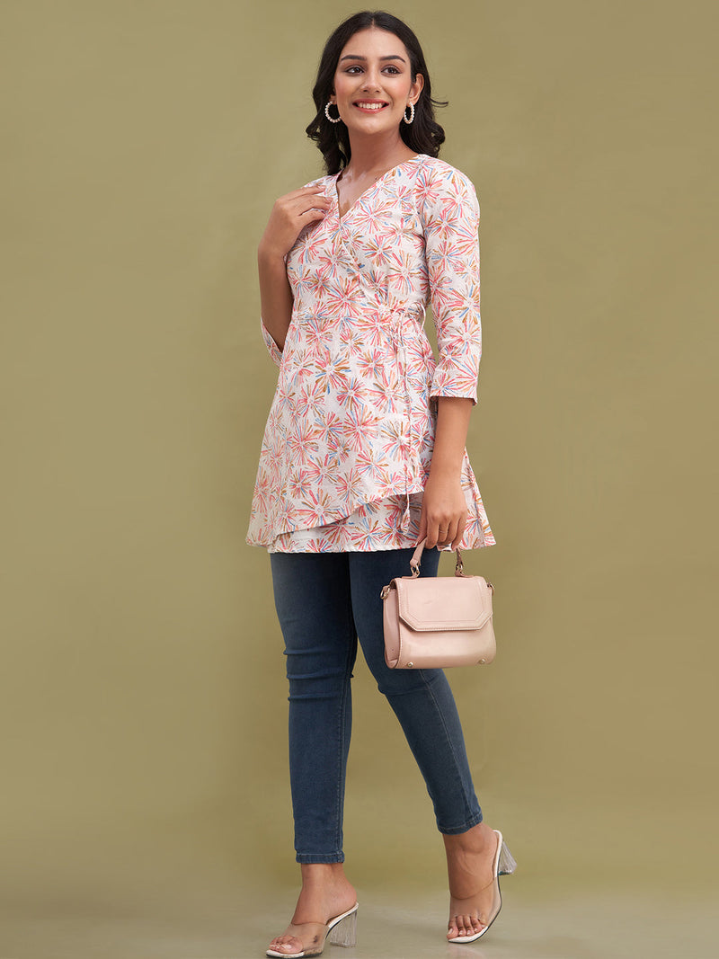 Floral Printed V-Neck Pure Cotton Angrakha A-Line Kurti