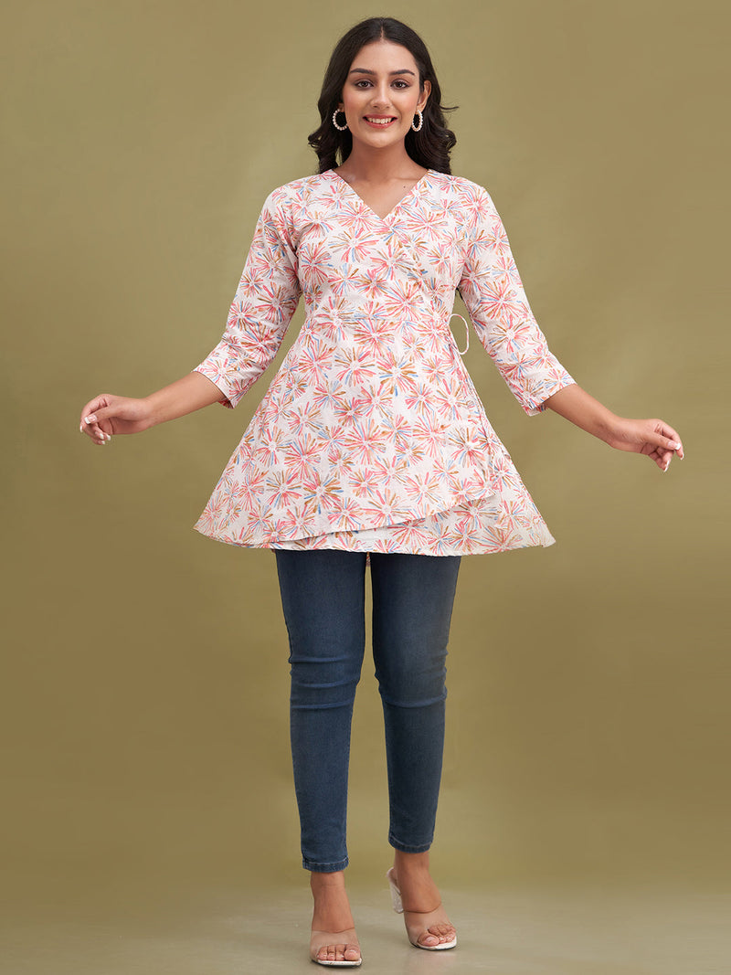 Floral Printed V-Neck Pure Cotton Angrakha A-Line Kurti