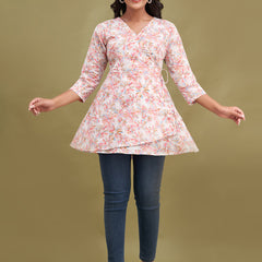 Floral Printed V-Neck Pure Cotton Angrakha A-Line Kurti