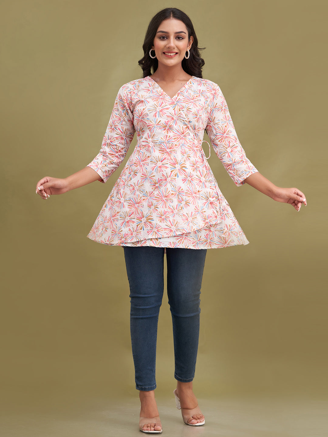 Floral Printed V-Neck Pure Cotton Angrakha A-Line Kurti FRKT6185