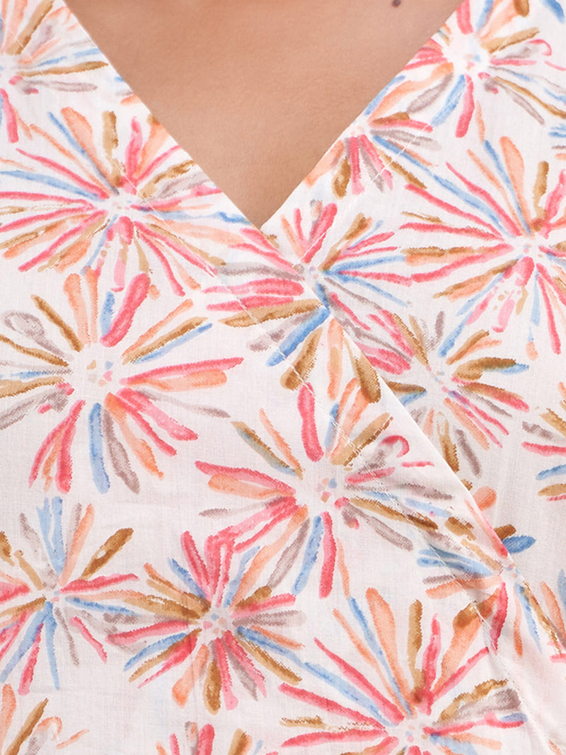 Floral Printed V-Neck Pure Cotton Angrakha A-Line Kurti
