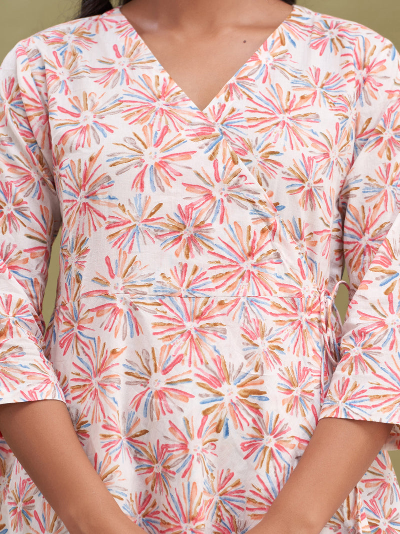 Floral Printed V-Neck Pure Cotton Angrakha A-Line Kurti