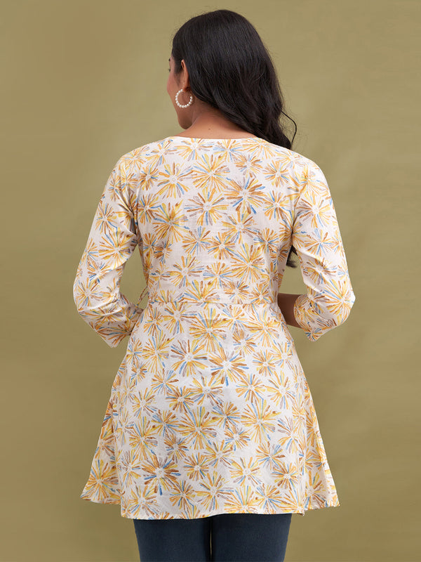 Floral Printed V-Neck Pure Cotton Angrakha A-Line Kurti