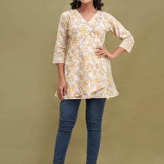 Floral Printed V-Neck Pure Cotton Angrakha A-Line Kurti