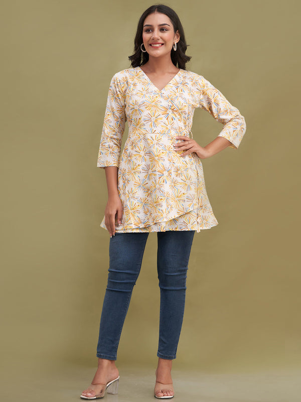 Floral Printed V-Neck Pure Cotton Angrakha A-Line Kurti