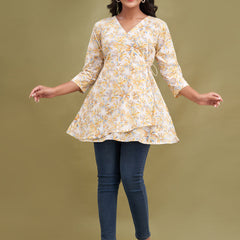 Floral Printed V-Neck Pure Cotton Angrakha A-Line Kurti