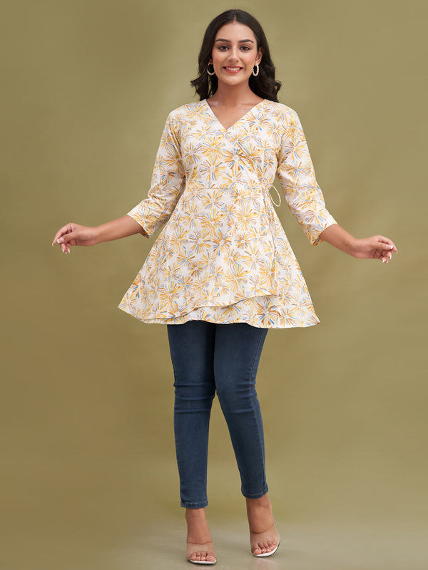 Floral Printed V-Neck Pure Cotton Angrakha A-Line Kurti