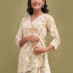 Floral Printed V-Neck Pure Cotton Angrakha A-Line Kurti