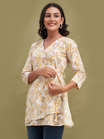 Floral Printed V-Neck Pure Cotton Angrakha A-Line Kurti FRKT6184