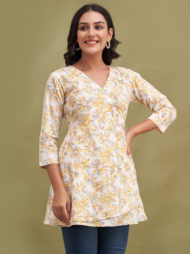 Floral Printed V-Neck Pure Cotton Angrakha A-Line Kurti