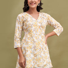 Floral Printed V-Neck Pure Cotton Angrakha A-Line Kurti