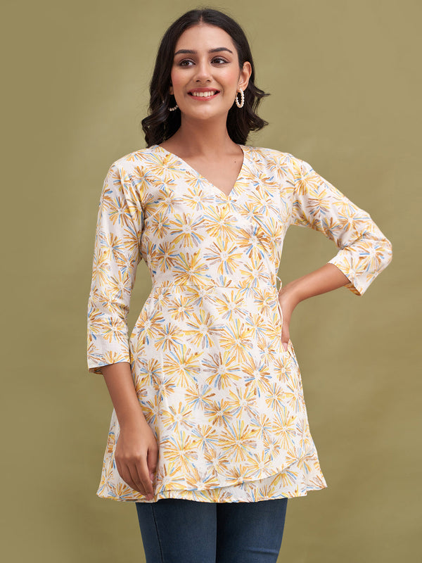 Floral Printed V-Neck Pure Cotton Angrakha A-Line Kurti