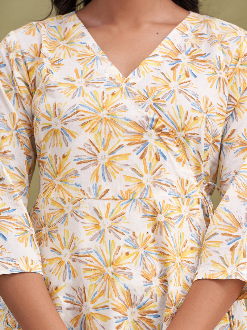 Floral Printed V-Neck Pure Cotton Angrakha A-Line Kurti