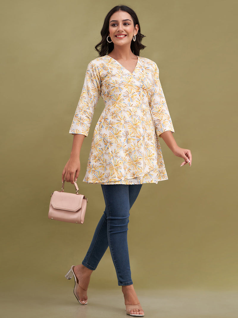 Floral Printed V-Neck Pure Cotton Angrakha A-Line Kurti