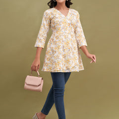 Floral Printed V-Neck Pure Cotton Angrakha A-Line Kurti