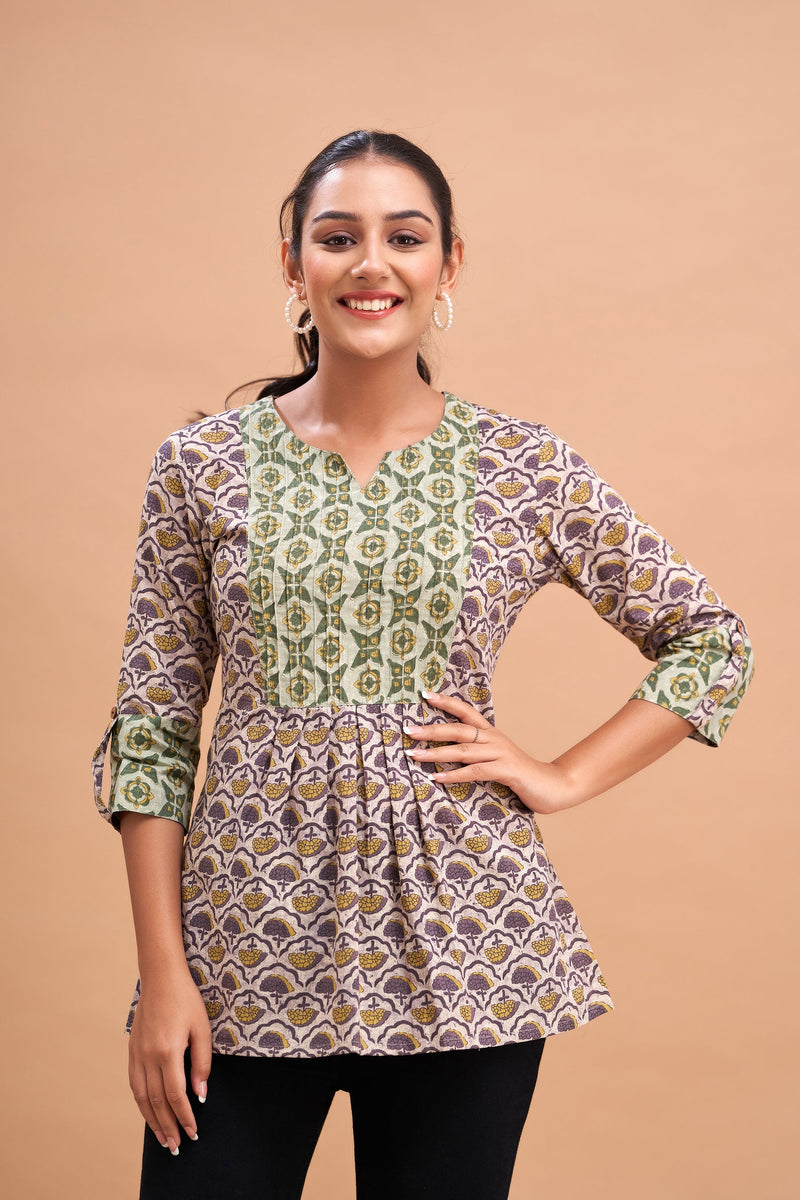 Ethnic Motifs Printed Gathers Cotton Tunic