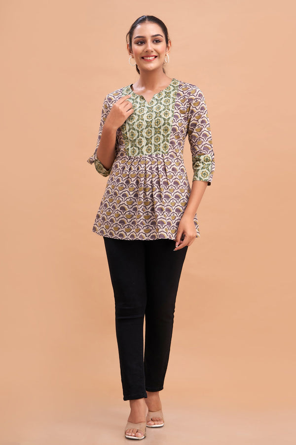 Ethnic Motifs Printed Gathers Cotton Tunic