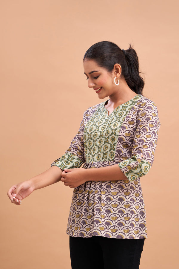 Ethnic Motifs Printed Gathers Cotton Tunic