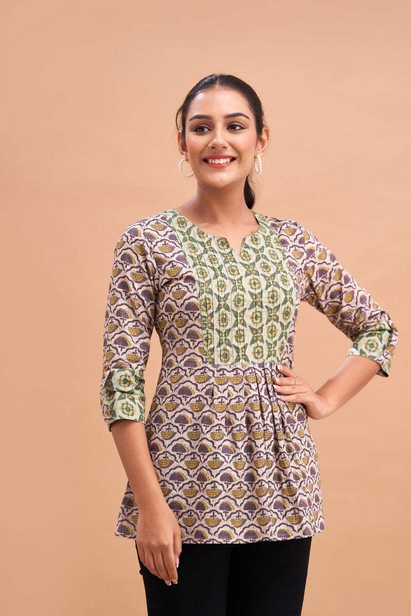 Ethnic Motifs Printed Gathers Cotton Tunic