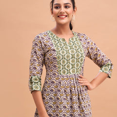 Ethnic Motifs Printed Gathers Cotton Tunic