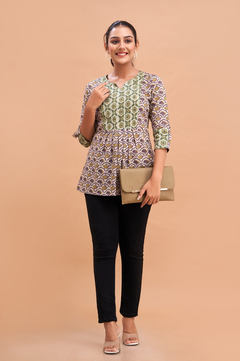 Ethnic Motifs Printed Gathers Cotton Tunic