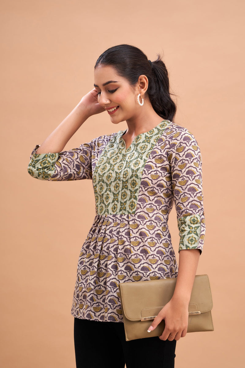 Ethnic Motifs Printed Gathers Cotton Tunic