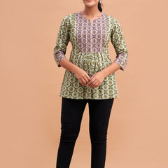 Ethnic Motifs Printed Gathers Cotton Tunic
