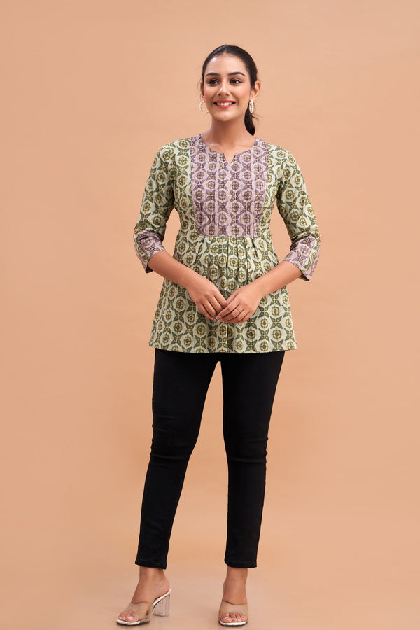 Ethnic Motifs Printed Gathers Cotton Tunic
