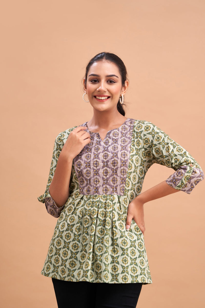 Ethnic Motifs Printed Gathers Cotton Tunic
